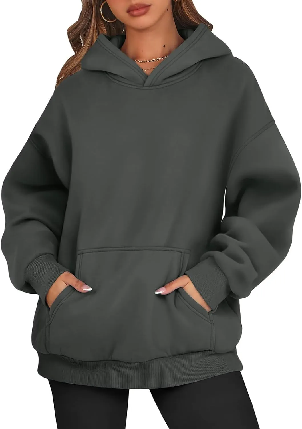 Women's Fashion Loose Fall Hooded Sweatshirt Solid Color Casual Daily Long Sleeve Fleece Sweaters Pullover with Pocket
