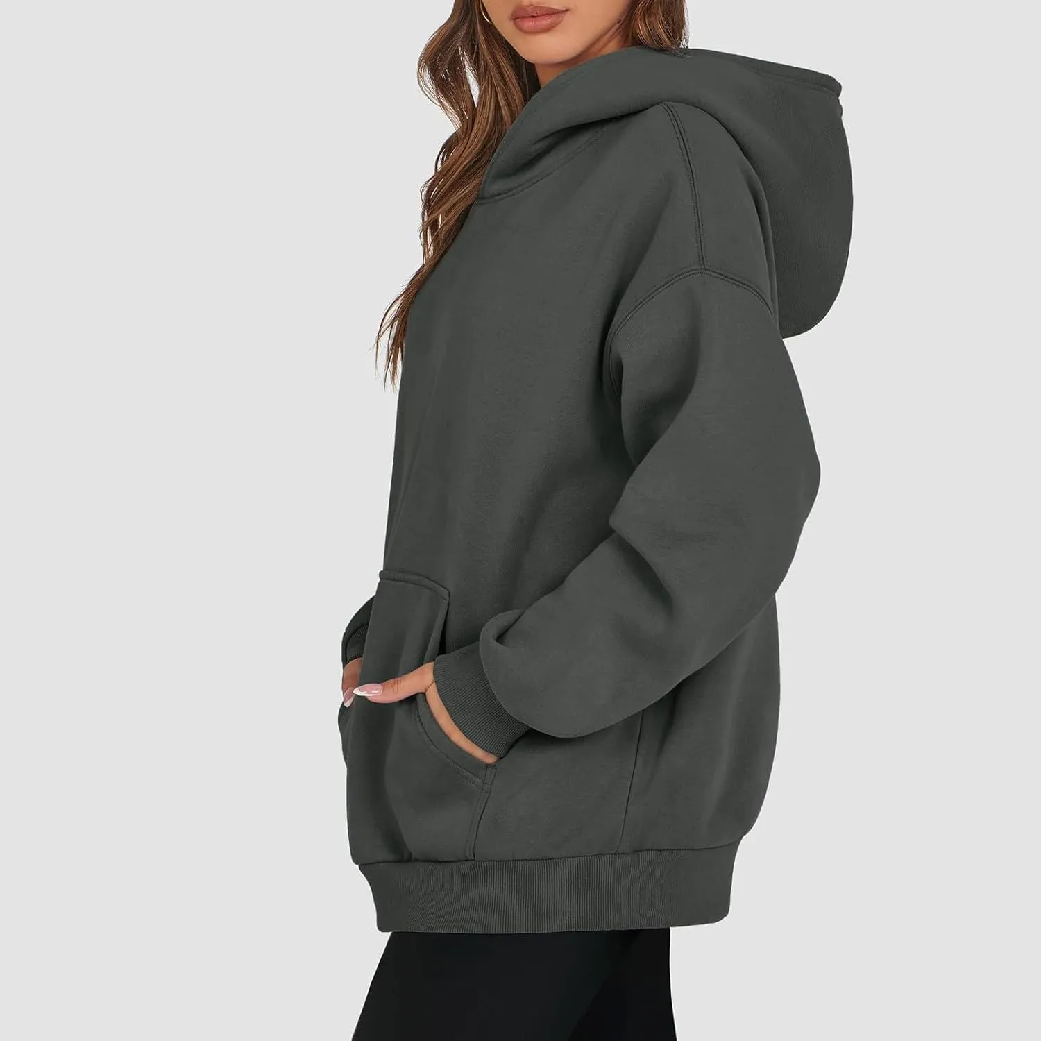 Women's Fashion Loose Fall Hooded Sweatshirt Solid Color Casual Daily Long Sleeve Fleece Sweaters Pullover with Pocket