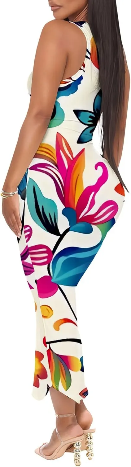 Women's Floral Print Maxi Dress Casual V Neck Sleeveless Summer Long Party Club Beach Sundresses Sexy Bodycon Tank Dress