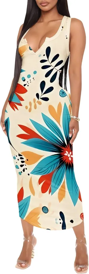 Women's Floral Print Maxi Dress Casual V Neck Sleeveless Summer Long Party Club Beach Sundresses Sexy Bodycon Tank Dress