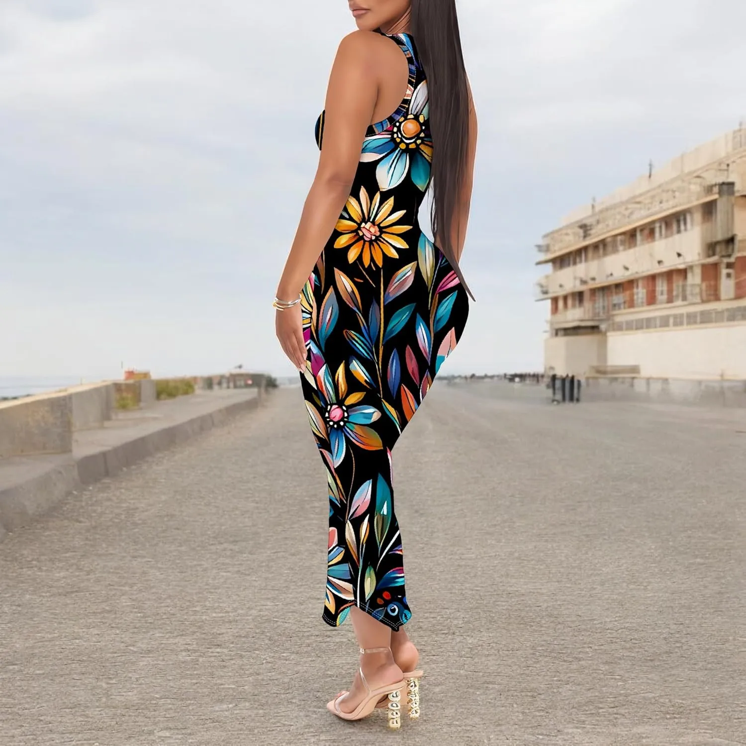 Women's Floral Print Maxi Dress Casual V Neck Sleeveless Summer Long Party Club Beach Sundresses Sexy Bodycon Tank Dress