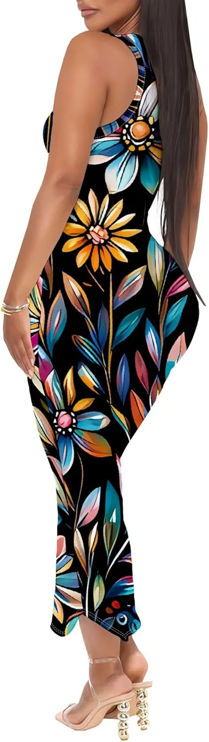 Women's Floral Print Maxi Dress Casual V Neck Sleeveless Summer Long Party Club Beach Sundresses Sexy Bodycon Tank Dress