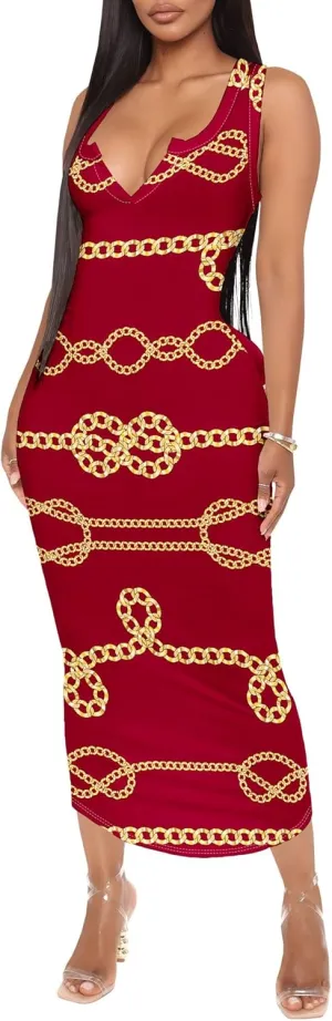 Women's Floral Print Maxi Dress Casual V Neck Sleeveless Summer Long Party Club Beach Sundresses Sexy Bodycon Tank Dress