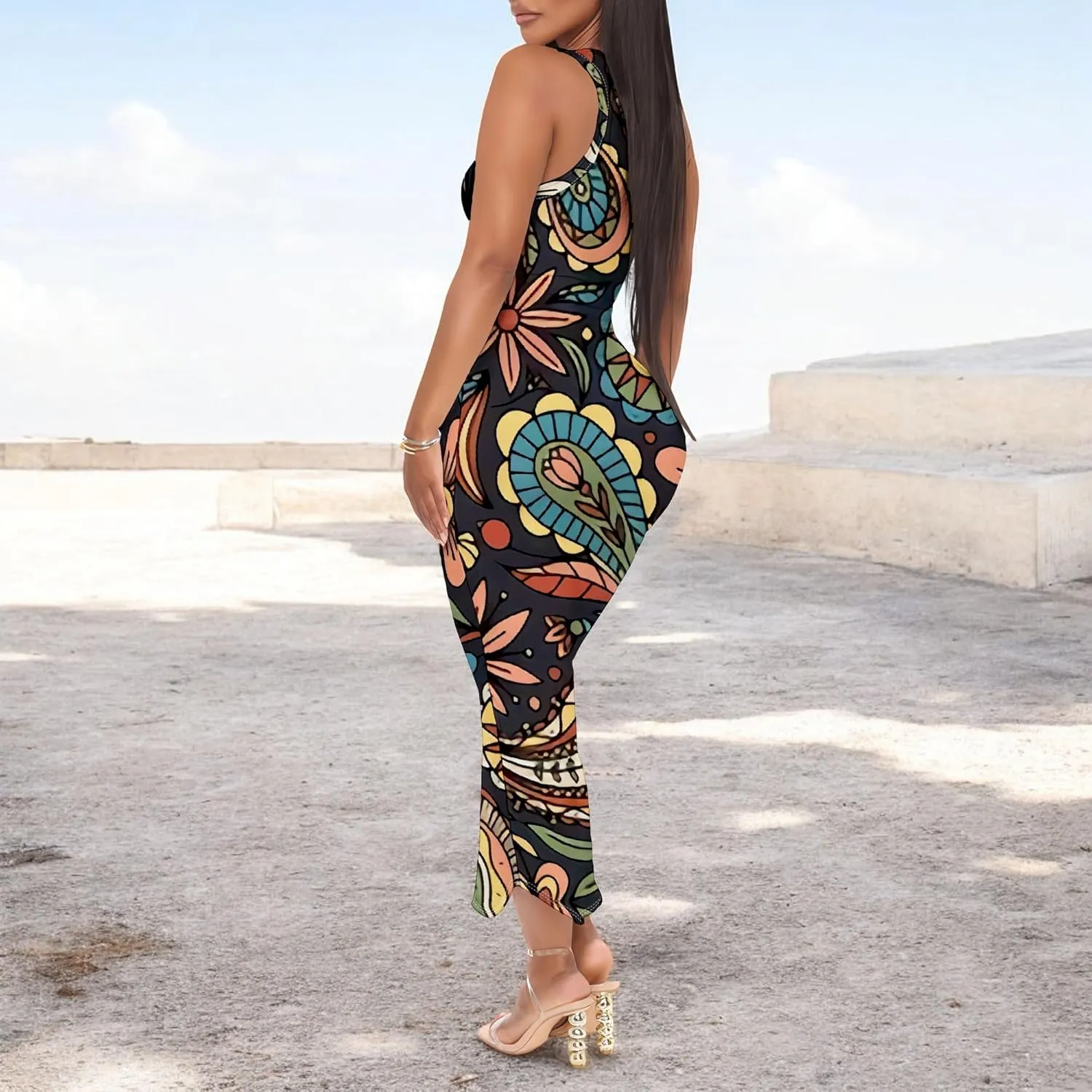 Women's Floral Print Maxi Dress Casual V Neck Sleeveless Summer Long Party Club Beach Sundresses Sexy Bodycon Tank Dress