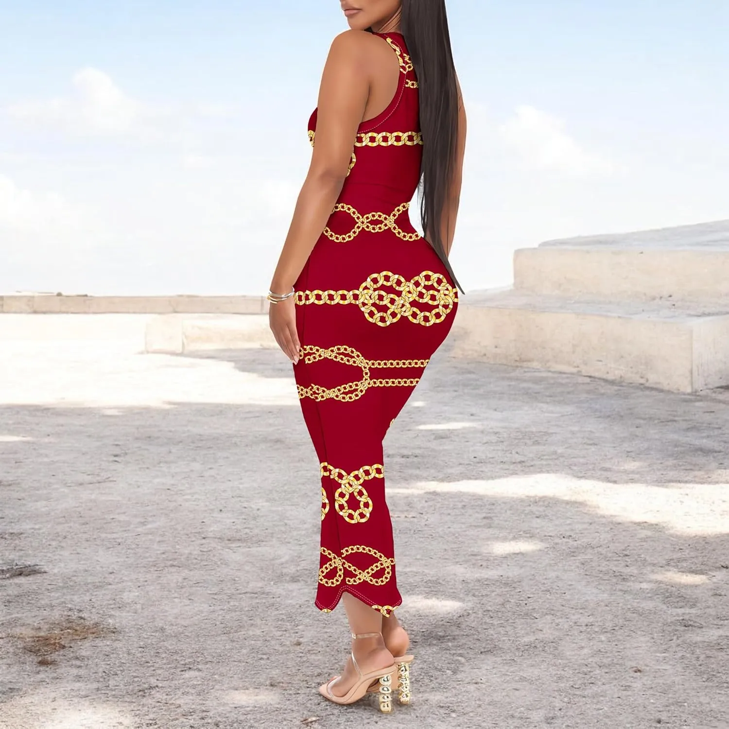 Women's Floral Print Maxi Dress Casual V Neck Sleeveless Summer Long Party Club Beach Sundresses Sexy Bodycon Tank Dress