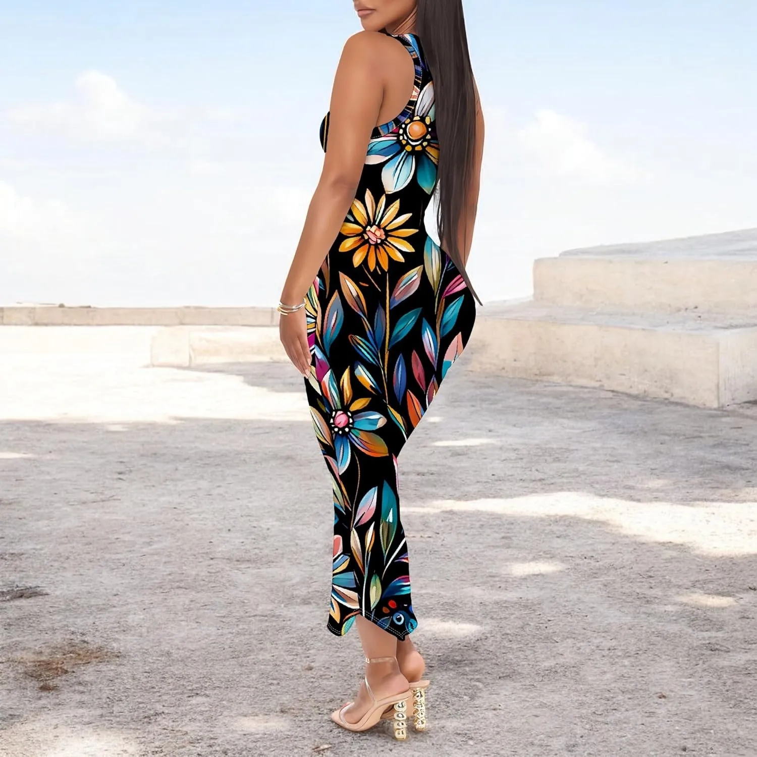 Women's Floral Print Maxi Dress Casual V Neck Sleeveless Summer Long Party Club Beach Sundresses Sexy Bodycon Tank Dress