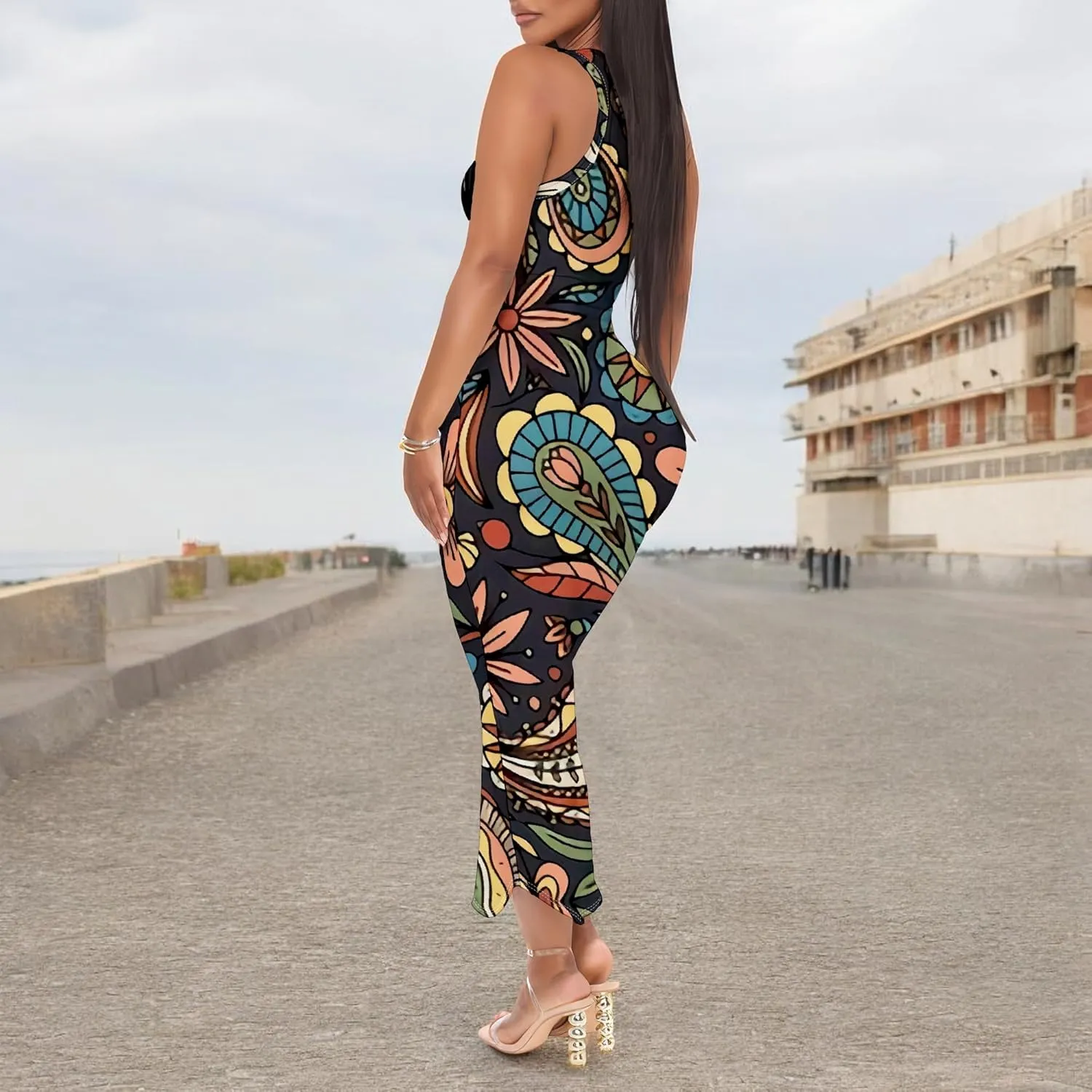 Women's Floral Print Maxi Dress Casual V Neck Sleeveless Summer Long Party Club Beach Sundresses Sexy Bodycon Tank Dress
