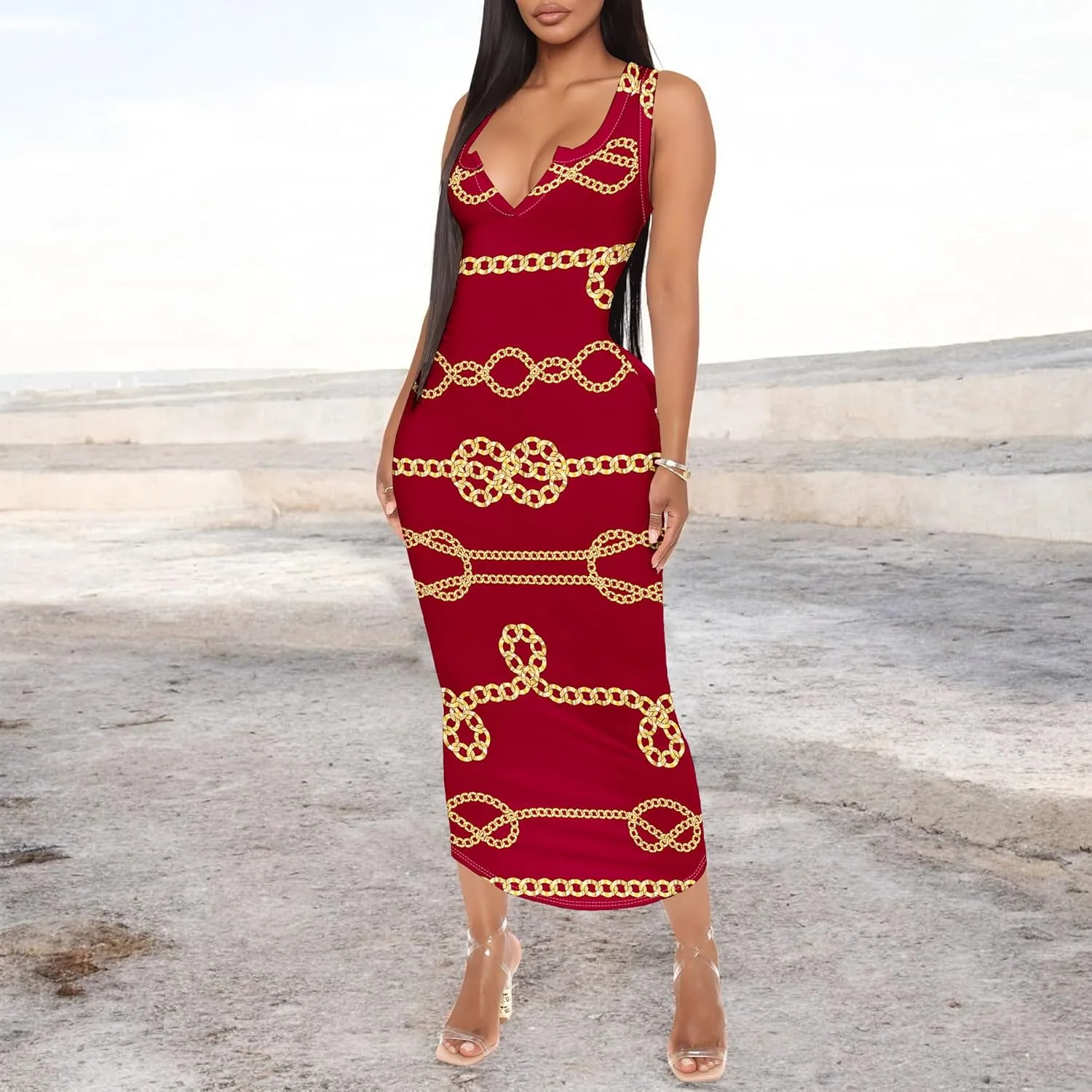 Women's Floral Print Maxi Dress Casual V Neck Sleeveless Summer Long Party Club Beach Sundresses Sexy Bodycon Tank Dress