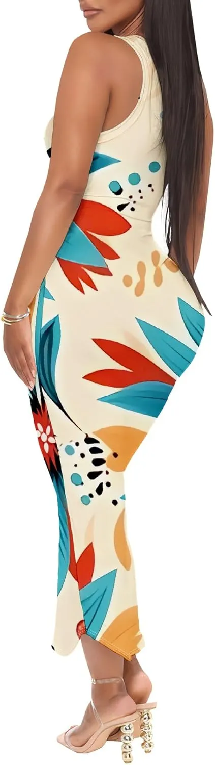 Women's Floral Print Maxi Dress Casual V Neck Sleeveless Summer Long Party Club Beach Sundresses Sexy Bodycon Tank Dress