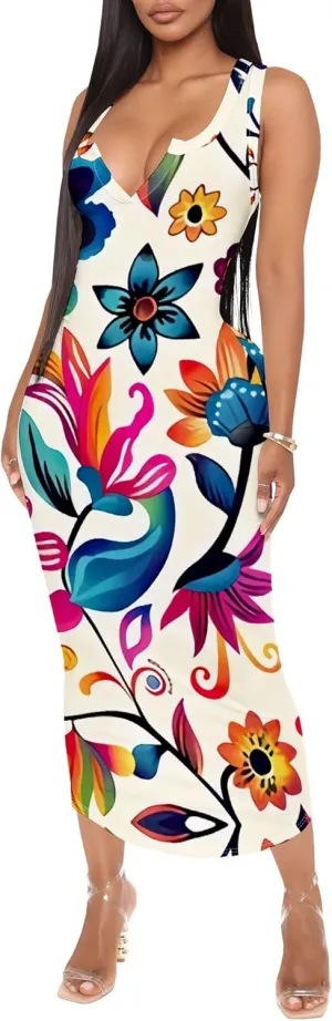 Women's Floral Print Maxi Dress Casual V Neck Sleeveless Summer Long Party Club Beach Sundresses Sexy Bodycon Tank Dress