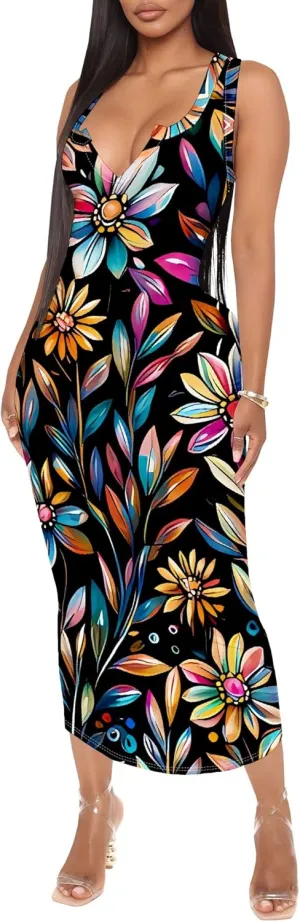 Women's Floral Print Maxi Dress Casual V Neck Sleeveless Summer Long Party Club Beach Sundresses Sexy Bodycon Tank Dress