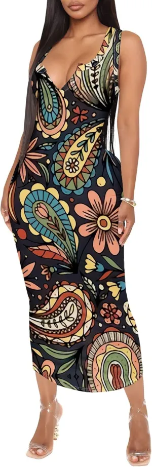 Women's Floral Print Maxi Dress Casual V Neck Sleeveless Summer Long Party Club Beach Sundresses Sexy Bodycon Tank Dress