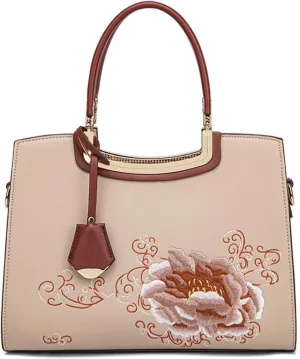 Women's Flower Embroidery Handbag Purse PU Leather Large Shoulder Bag Elegant Tote Satchel Chic Top Handle Crossbodybag95OWOISS