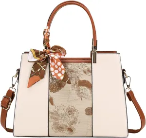 Women's Flower Embroidery Top Handle Crossbody PU Leather Elegant Shoulder Bag Work Satchel Stitching Handbag Pursebag1697OWOISS