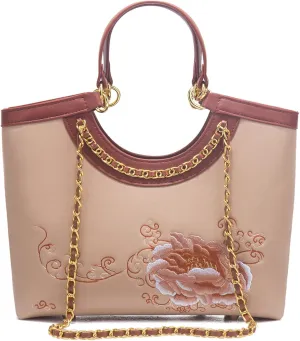 Women's Flower Embroidery Top Handle Satchel Bag PU Leather Elegant Crossbody Chain Strap Shoulder Bag Handbag Puesebag66OWOISS