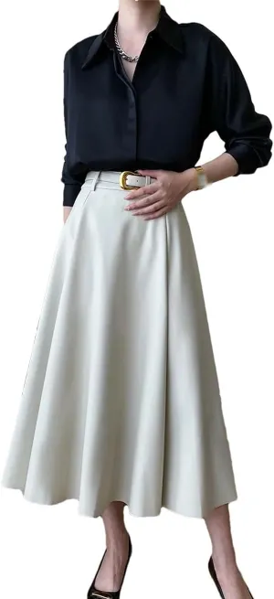Women's French Pleated A-Line Leather Skirt Commuting Style Solid Color Knit Long Skirt with Belt