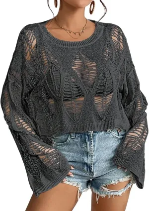 Womens Gothic Short Sweaters Oversized Punk Goth Sweater Long Bell Sleeve Knitting Crop Tops US Size S-XL