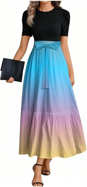 Womens Gradient Dress Spring Short Sleeve Comfy Tie Waist Crewneck Fashion Holiday Belted Long Dress