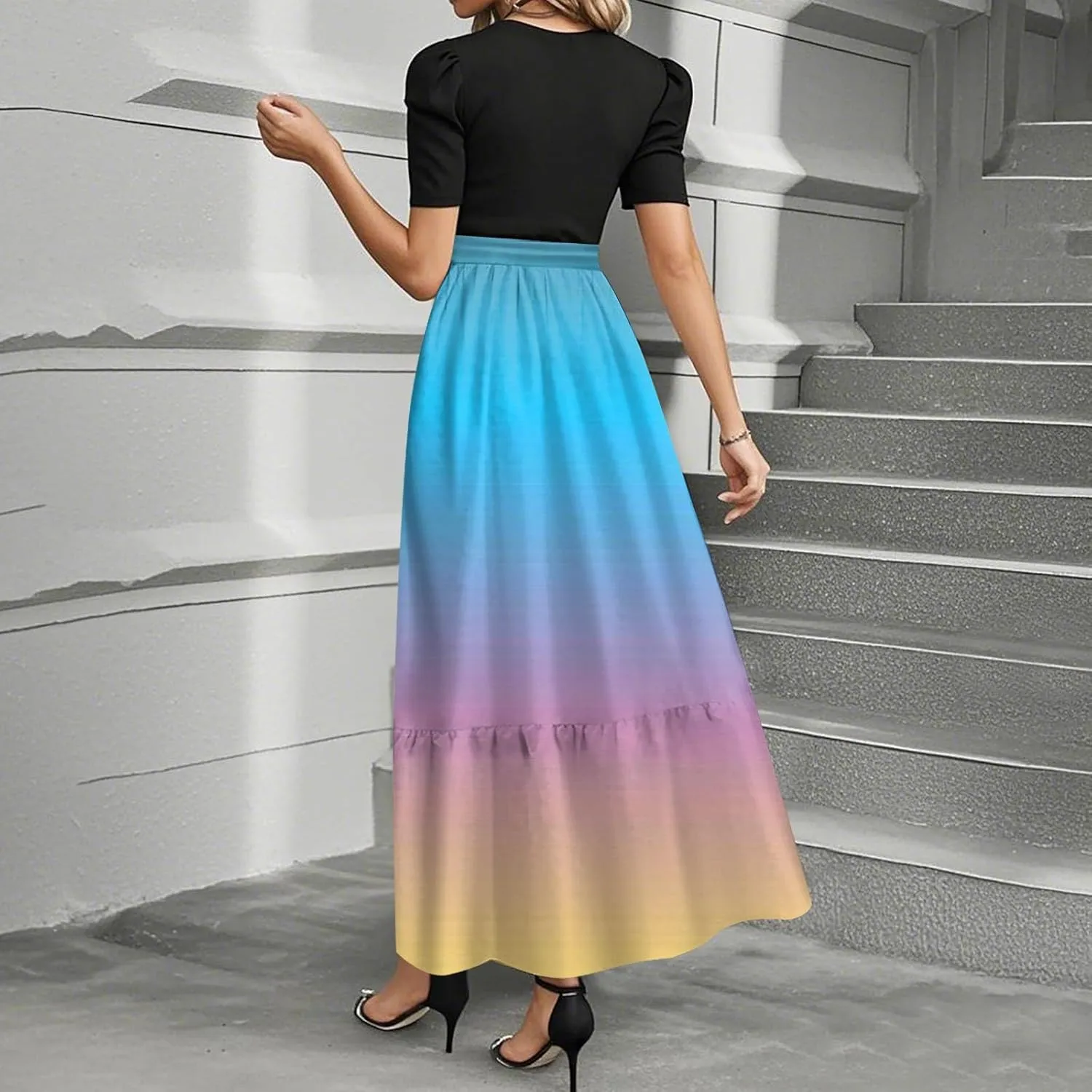 Womens Gradient Dress Spring Short Sleeve Comfy Tie Waist Crewneck Fashion Holiday Belted Long Dress