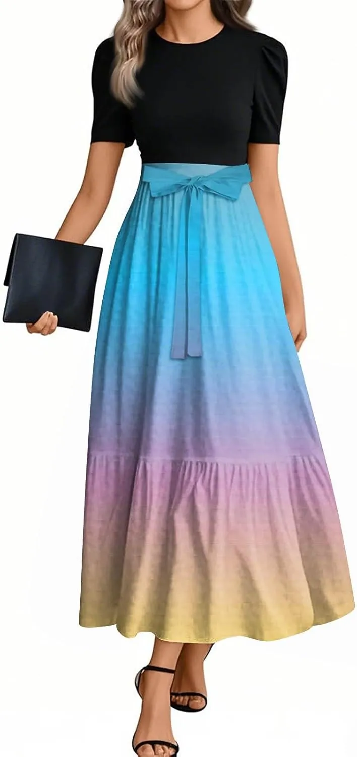 Womens Gradient Dress Spring Short Sleeve Comfy Tie Waist Crewneck Fashion Holiday Belted Long Dress