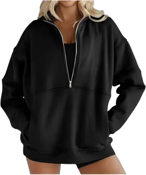 Women's Half Zip Sweatshirts Long Sleeve Drop Shoulder Pullover Casual Oversized Hoodies with Pocket