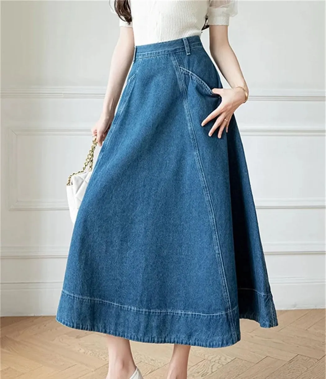 Women's High Waisted Denim Long A-Line Skirts Summer Vintage Pockets Jeans Umbrella Skirts