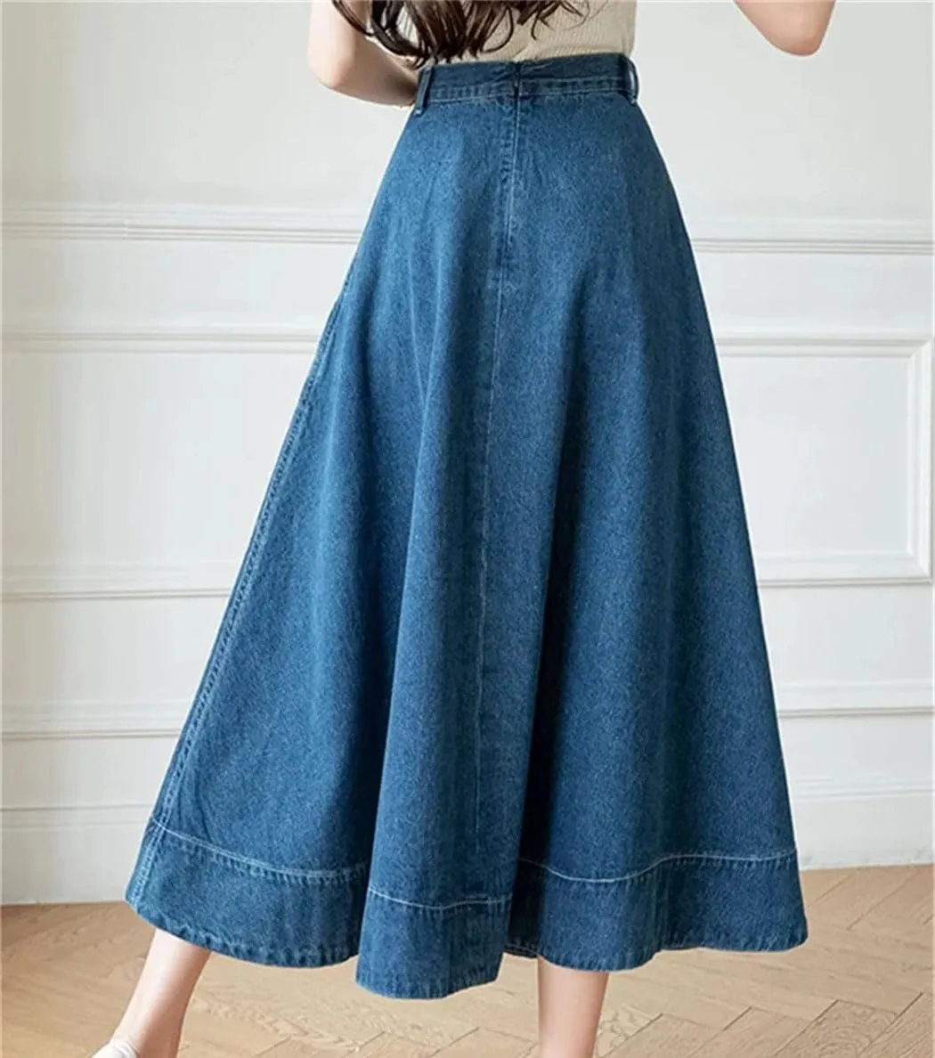 Women's High Waisted Denim Long A-Line Skirts Summer Vintage Pockets Jeans Umbrella Skirts