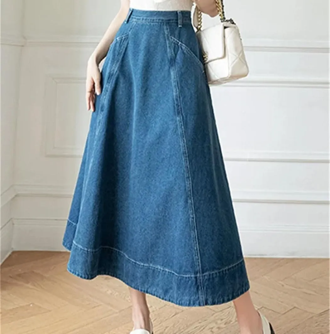 Women's High Waisted Denim Long A-Line Skirts Summer Vintage Pockets Jeans Umbrella Skirts