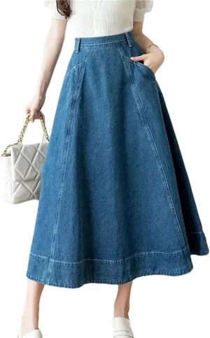 Women's High Waisted Denim Long A-Line Skirts Summer Vintage Pockets Jeans Umbrella Skirts