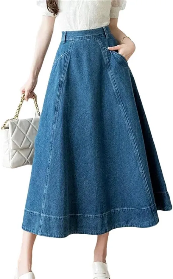 Women's High Waisted Denim Long A-Line Skirts Summer Vintage Pockets Jeans Umbrella Skirts