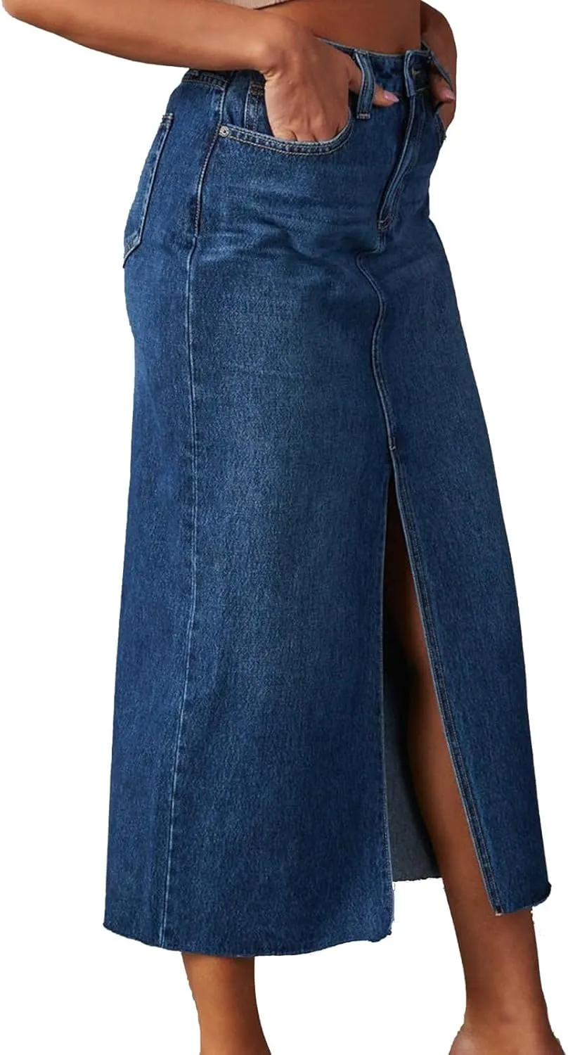 Womens High Waisted Jean Skirt Casual Front Split Blue Frayed Hem Pencil Midi Denim Skirt