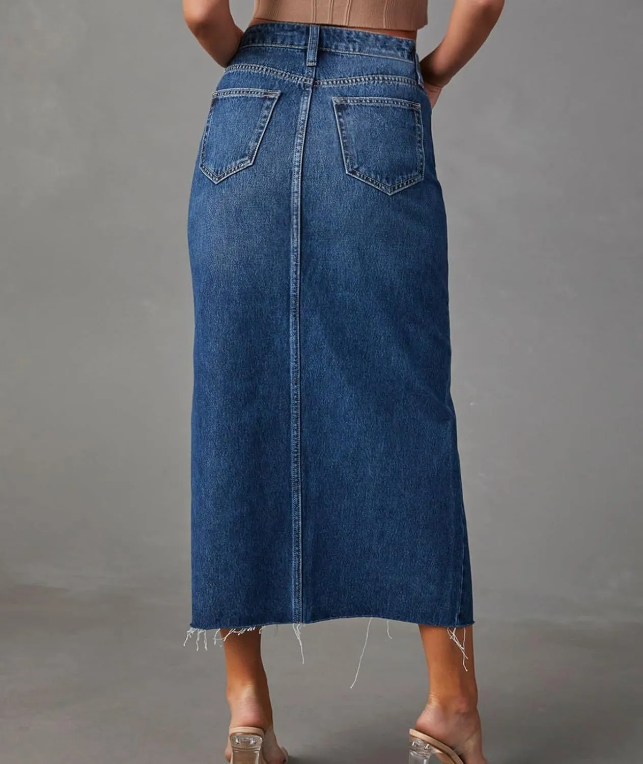 Womens High Waisted Jean Skirt Casual Front Split Blue Frayed Hem Pencil Midi Denim Skirt