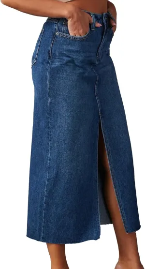 Womens High Waisted Jean Skirt Casual Front Split Blue Frayed Hem Pencil Midi Denim Skirt