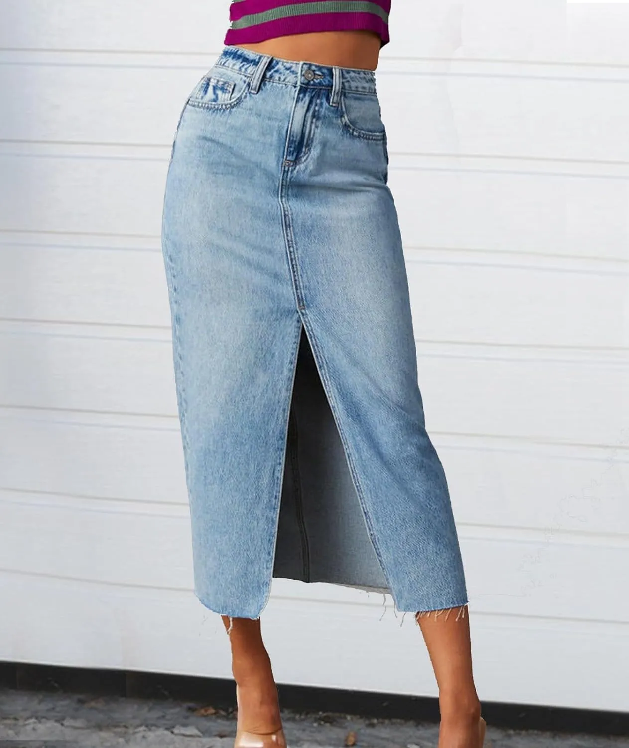 Womens High Waisted Jean Skirt Casual Front Split Blue Frayed Hem Pencil Midi Denim Skirt