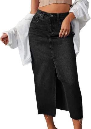 Womens High Waisted Jean Skirt Casual Front Split Blue Frayed Hem Pencil Midi Denim Skirt