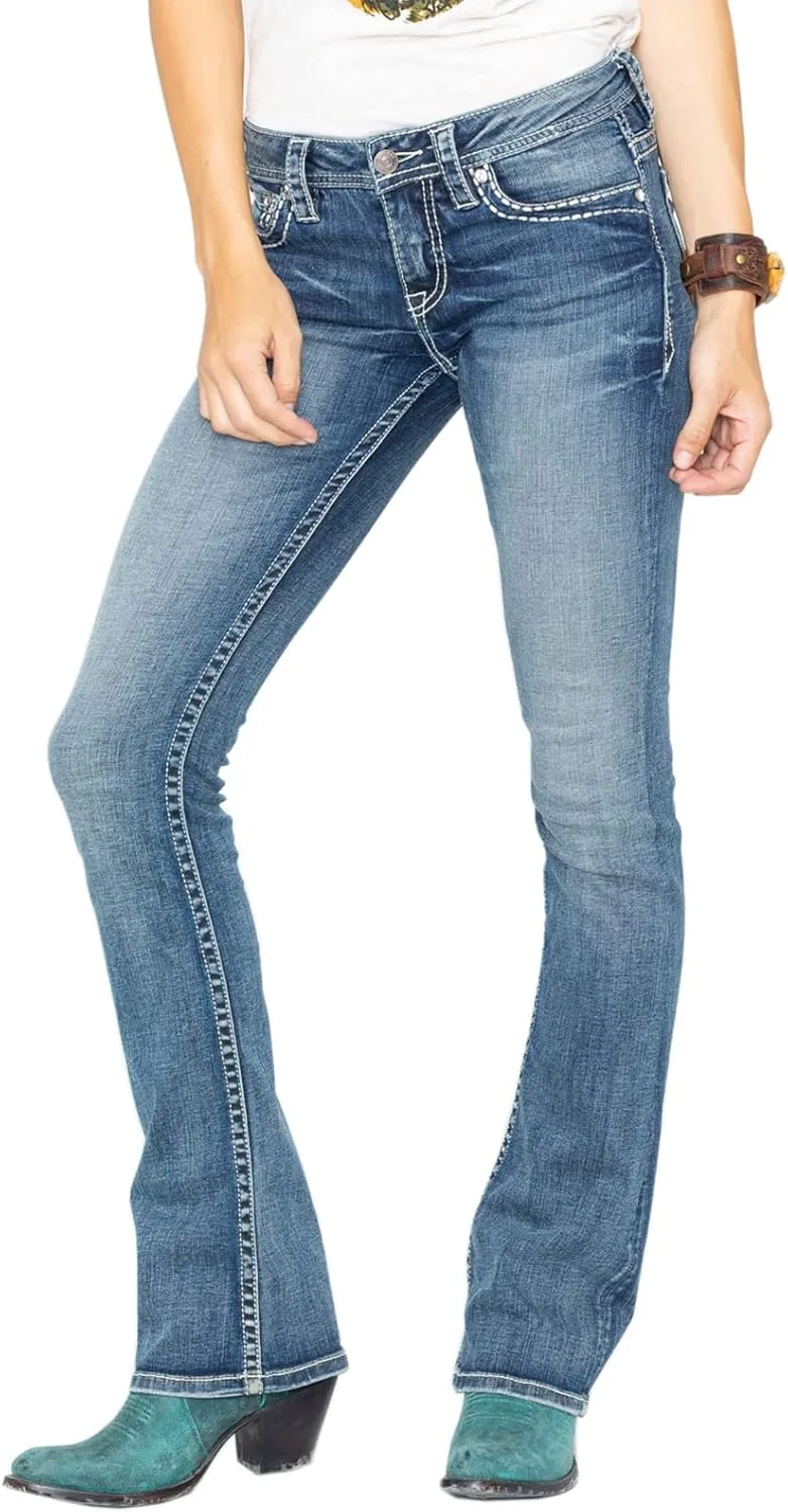 Women's Jeans Feather Flower Embroidery Mid Rise Stretchy Bootcut Slim Wide Leg Pants
