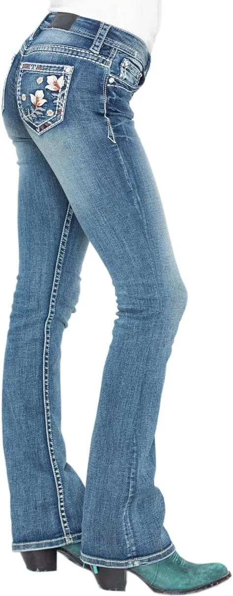 Women's Jeans Feather Flower Embroidery Mid Rise Stretchy Bootcut Slim Wide Leg Pants