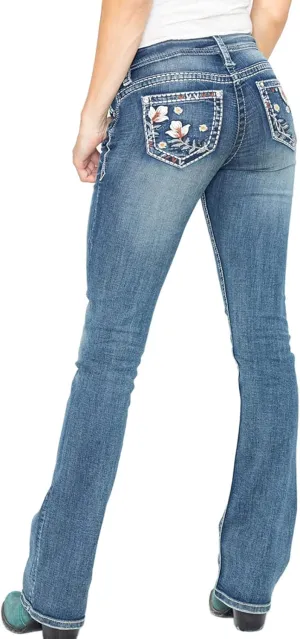 Women's Jeans Feather Flower Embroidery Mid Rise Stretchy Bootcut Slim Wide Leg Pants