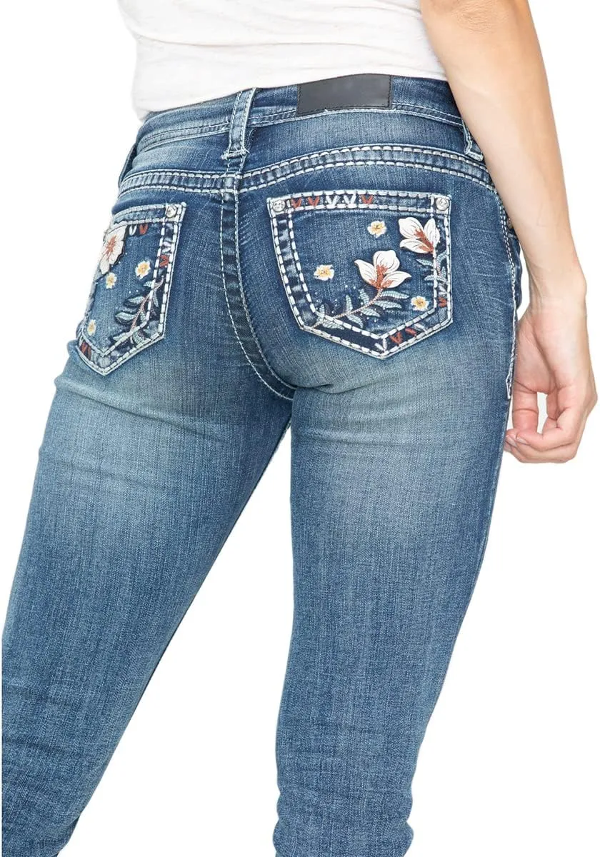 Women's Jeans Feather Flower Embroidery Mid Rise Stretchy Bootcut Slim Wide Leg Pants