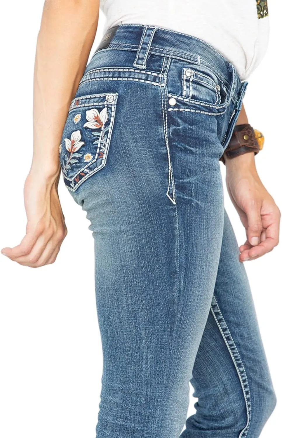 Women's Jeans Feather Flower Embroidery Mid Rise Stretchy Bootcut Slim Wide Leg Pants