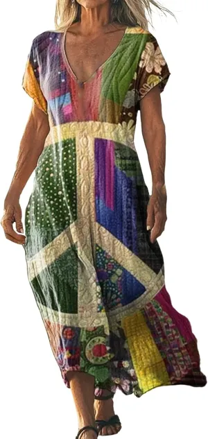 Womens Linen Dresses Loose Flowy V Neck Short Sleeve 2025 Boho Print Maxi Dress Lightweight Summer Beach Vacation