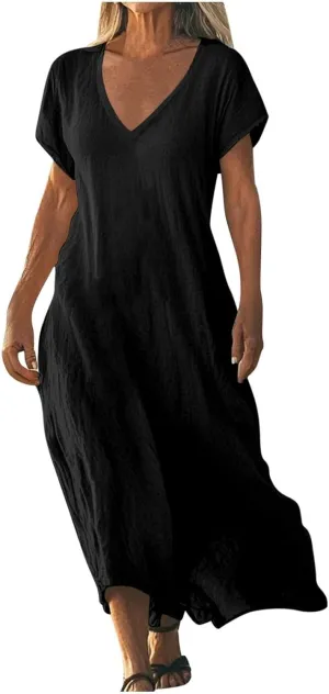 Womens Linen Dresses Loose Flowy V Neck Short Sleeve 2025 Boho Print Maxi Dress Lightweight Summer Beach Vacation