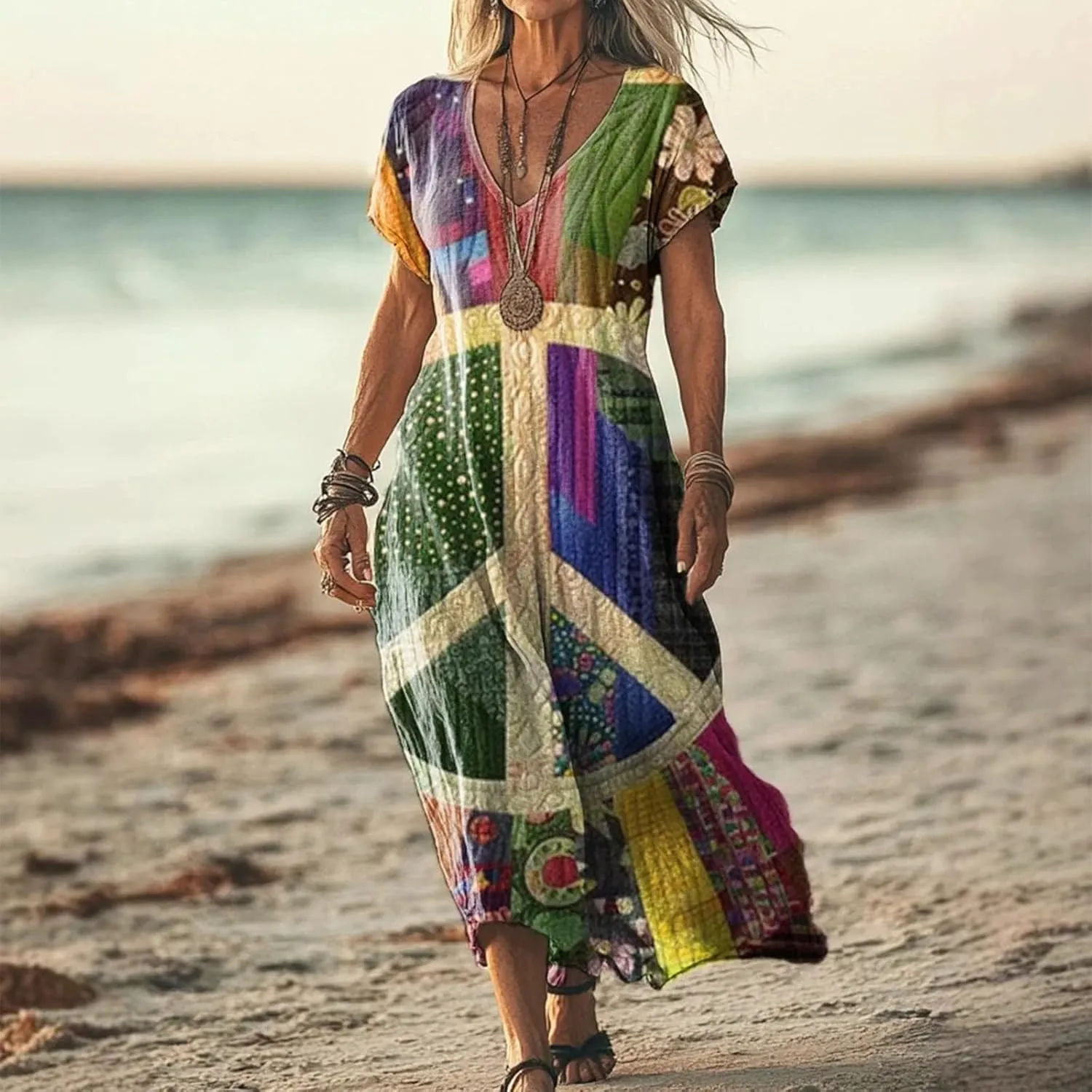Womens Linen Dresses Loose Flowy V Neck Short Sleeve 2025 Boho Print Maxi Dress Lightweight Summer Beach Vacation