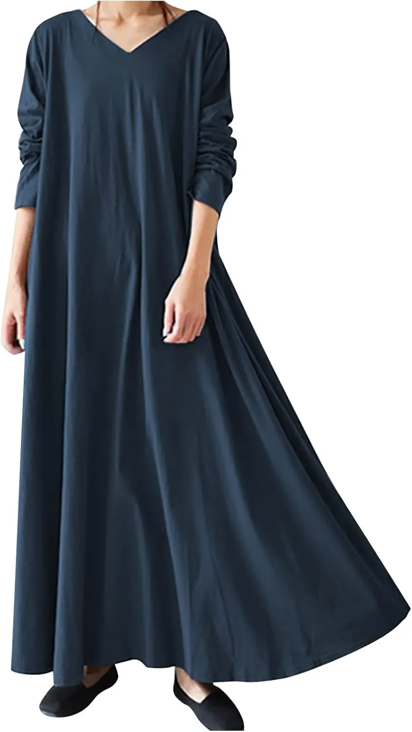 Women's Long Dresses Fall Plus Size V-Neck Pleated A Line High Low Dress Long Sleeve Lightweight Flowy Maxi Dresses