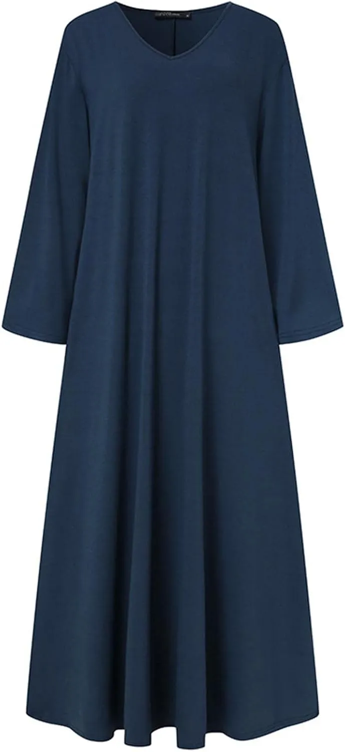 Women's Long Dresses Fall Plus Size V-Neck Pleated A Line High Low Dress Long Sleeve Lightweight Flowy Maxi Dresses
