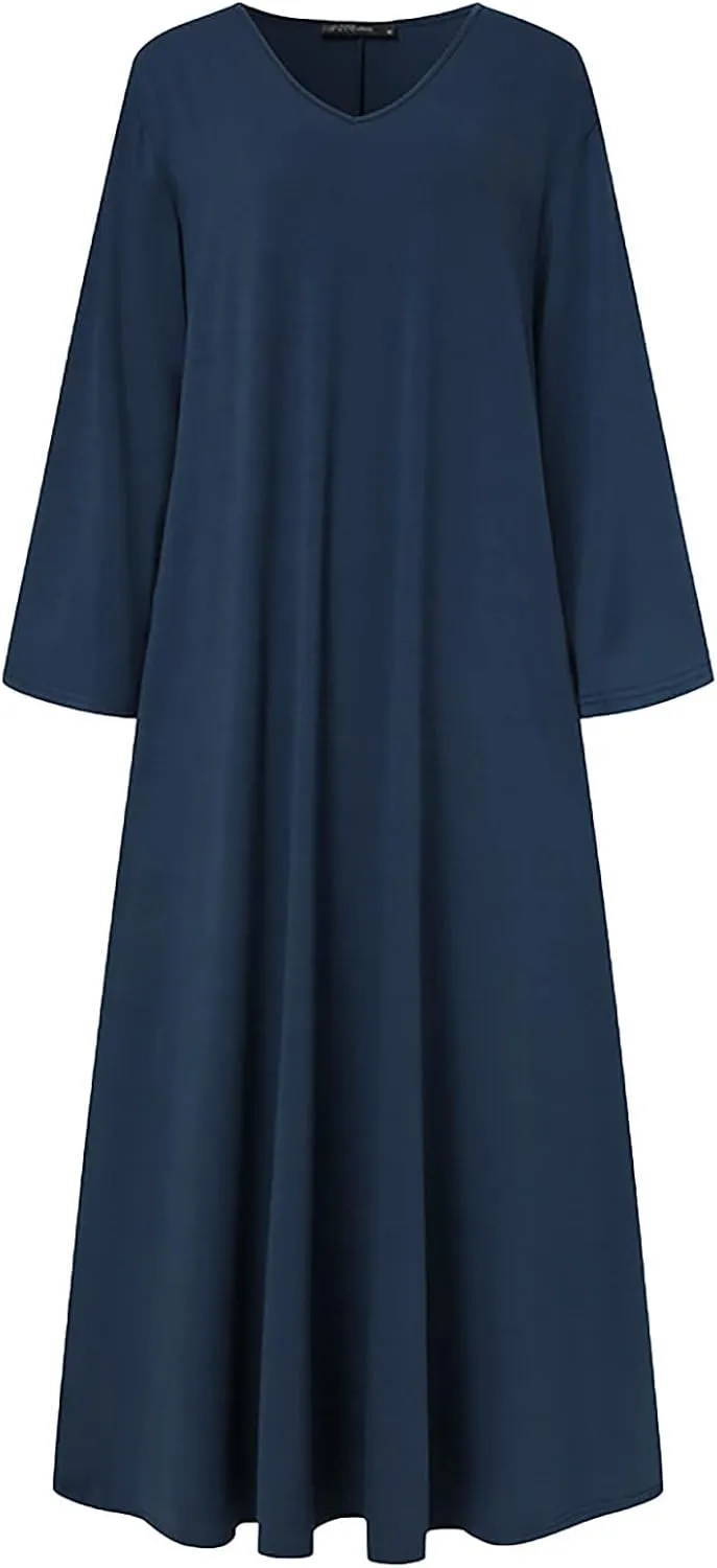 Women's Long Dresses Fall Plus Size V-Neck Pleated A Line High Low Dress Long Sleeve Lightweight Flowy Maxi Dresses