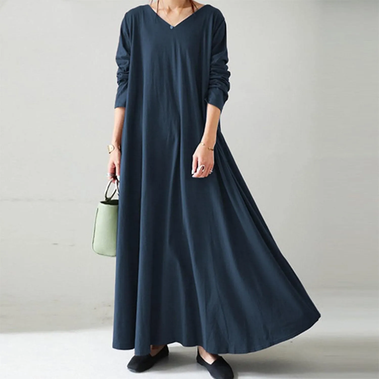 Women's Long Dresses Fall Plus Size V-Neck Pleated A Line High Low Dress Long Sleeve Lightweight Flowy Maxi Dresses