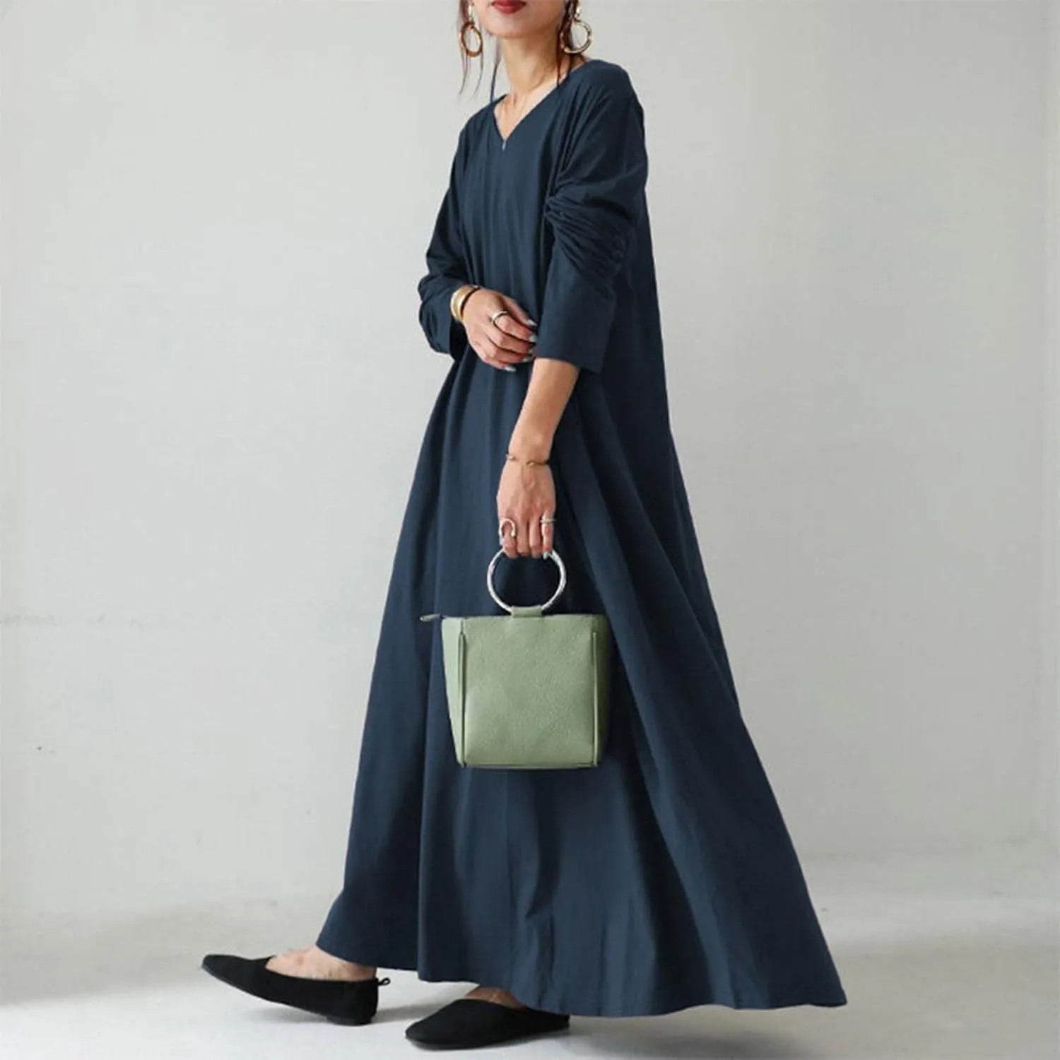 Women's Long Dresses Fall Plus Size V-Neck Pleated A Line High Low Dress Long Sleeve Lightweight Flowy Maxi Dresses