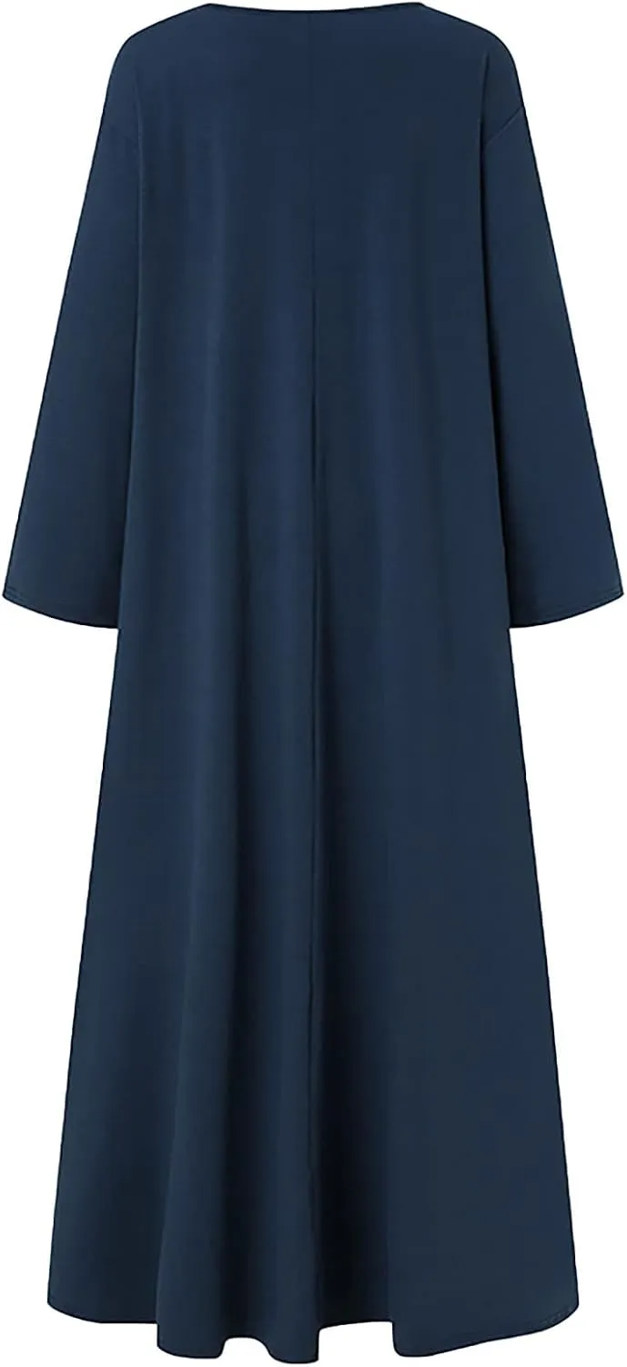 Women's Long Dresses Fall Plus Size V-Neck Pleated A Line High Low Dress Long Sleeve Lightweight Flowy Maxi Dresses