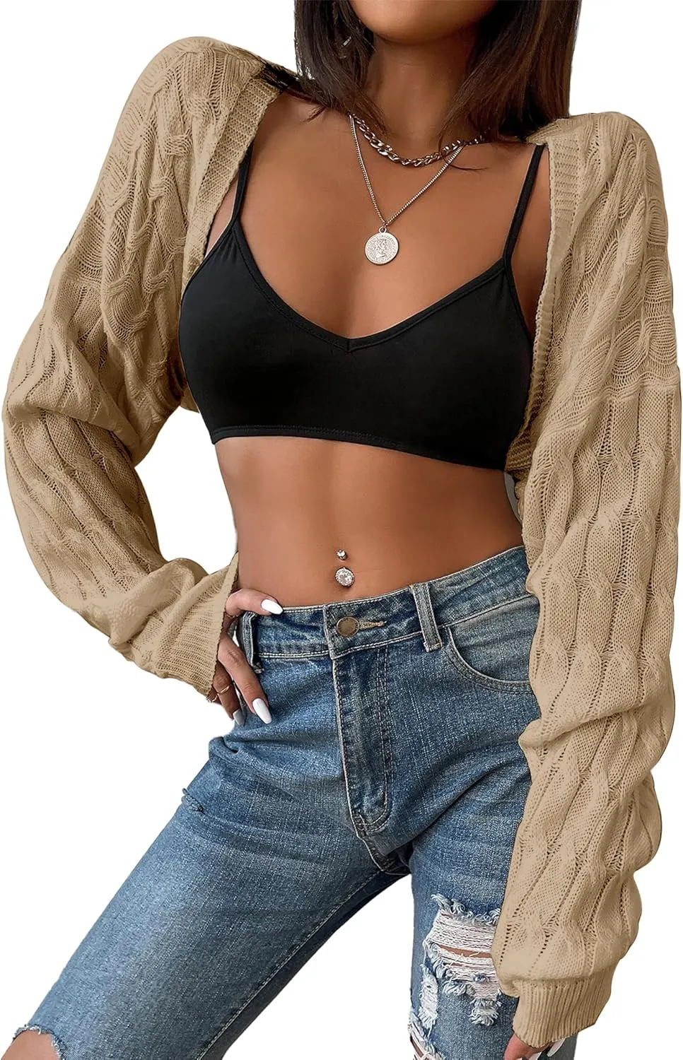 Womens Long Sleeve Open Front Crop Cardigan Sweater Drop Shoulder Shrugs Knit Bolero Sweaters Tops Outwear